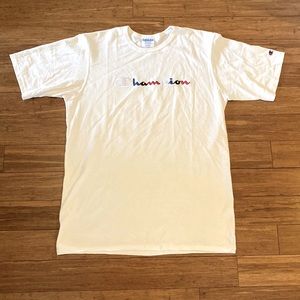 Men’s White with Embroidered Red,White, and Blue Lettering Champion T-shirt